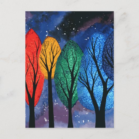 Nachtkleur - regenboogzirige bomen sterrenhemel briefkaart (Voorkant)