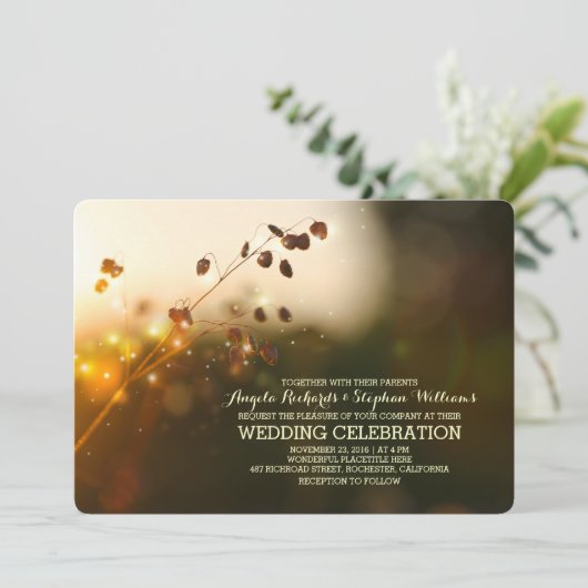 Nachtlampjes rustieke bruiloft uitnodiging (Staand voorkant)