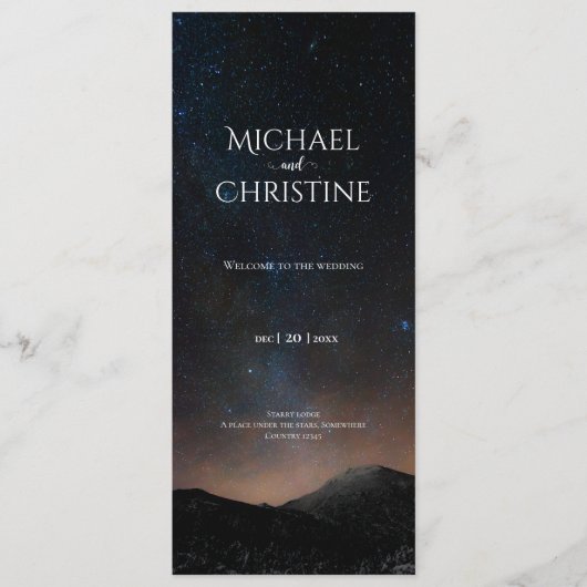 Nachtlucht bruiloft onder de sterren programmakaart (Voorkant)