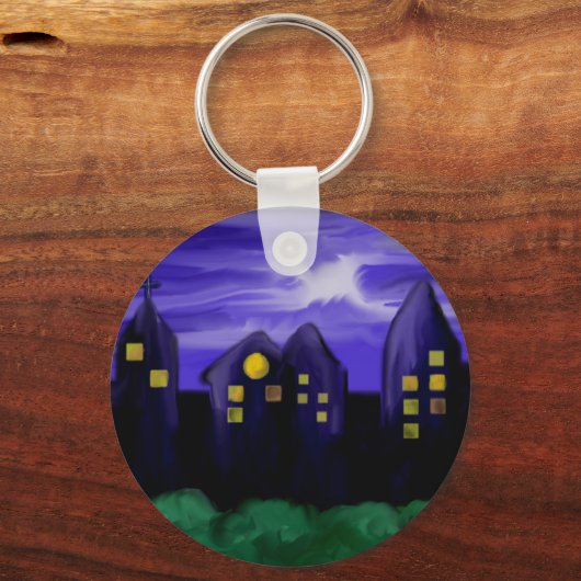 Nachtlucht stad wolkenkrabber canvas kunst sleutelhanger (Voorkant)