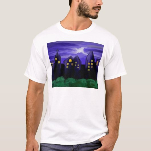 Nachtlucht stad wolkenkrabber canvas kunst t-shirt (Voorkant)