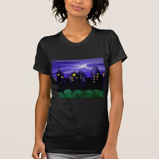 Nachtlucht stad wolkenkrabber canvas kunst t-shirt (Voorkant)