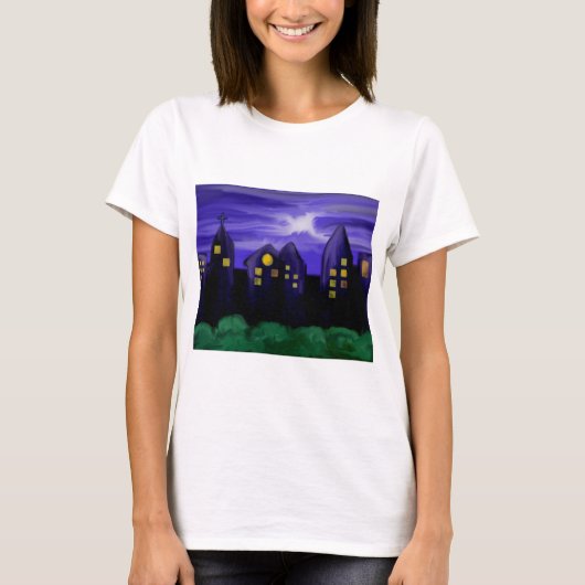 Nachtlucht stad wolkenkrabber canvas kunst t-shirt (Voorkant)