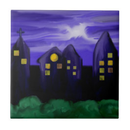 Nachtlucht stad wolkenkrabber canvas kunst tegeltje