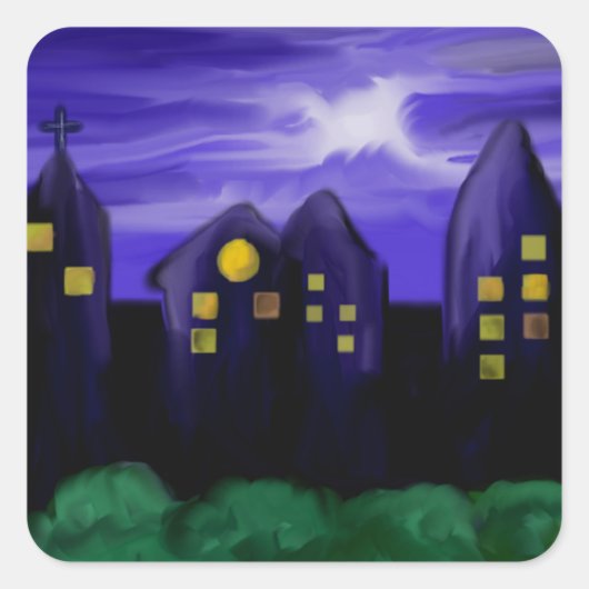 Nachtlucht stad wolkenkrabber canvas kunst vierkante sticker (Voorkant)