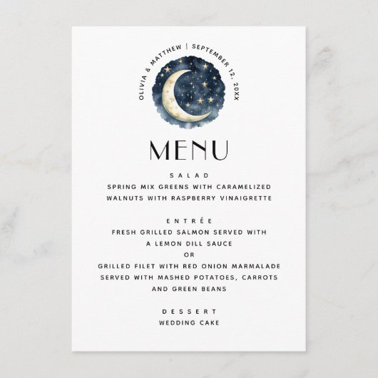 Nachtmaan minimalistische eenvoudige bruiloft heme menu (Voorkant)