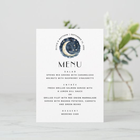 Nachtmaan minimalistische eenvoudige bruiloft heme menu (Staand voorkant)