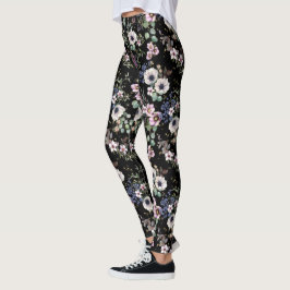 Nachtnacht in de Garden Black White en Pink Floral Leggings