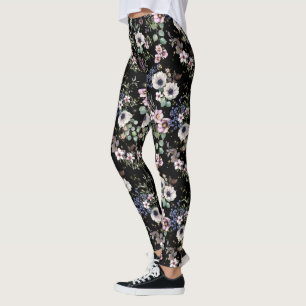 Nachtnacht in de Garden Black White en Pink Floral Leggings