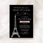 Nachtnacht in Parijs Eiffel Tower Sweet 16 verjaar Kaart<br><div class="desc">Oh La La La! Deze uitnodiging van de "Night in Paris", die op 16 september in het Frans werd geïnspireerd, bevat een mousserende faux zilveren glitter Eiffel Tower en een kleursysteem van lichtroze, zwart. De elegante en stijlvolle tekst kan volledig gepersonaliseerd zijn met de naam van het verjaardagsmeisje, de naam...</div>