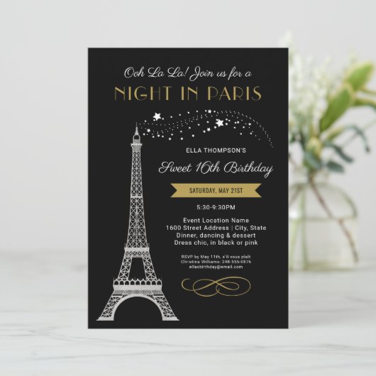 Nachtnacht in Paris Eiffel Tower Gold Sweet 16 ver Kaart (Staand voorkant)