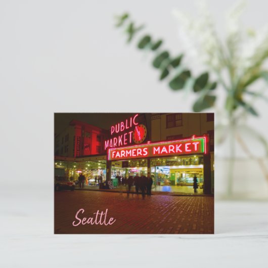 Nachtscène Seattle Openbare markt Briefkaart (Staand voorkant)