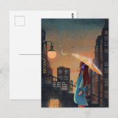 Nachtstad regenachtige paraplu meisje briefkaart (Voorkant / Achterkant)