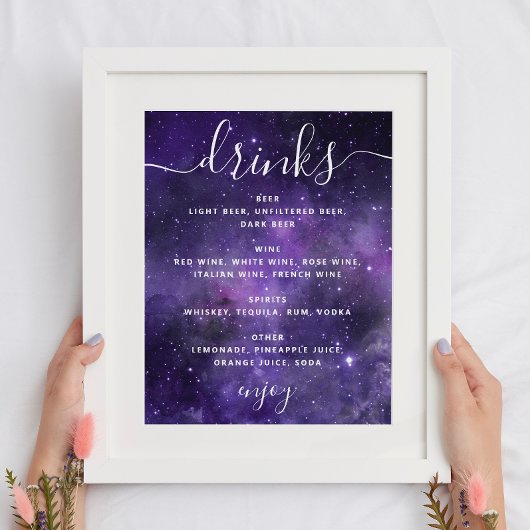 Nachtsterren. Paarse ruimte bruiloft drinken bar m Poster