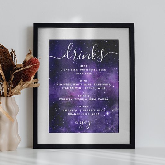 Nachtsterren. Paarse ruimte bruiloft drinken bar m Poster