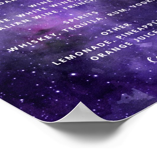 Nachtsterren. Paarse ruimte bruiloft drinken bar m Poster (Hoek)