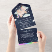 Nachtsterren vliegend unicorn Navy Blue Baby showe All In One Uitnodiging (Afscheurbaar)