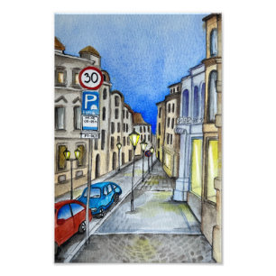 Nachtstraat van Praag, waterverf Foto Afdruk