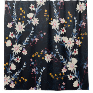 Nachttuin Bloemen Navy Patroon Douchegordijn