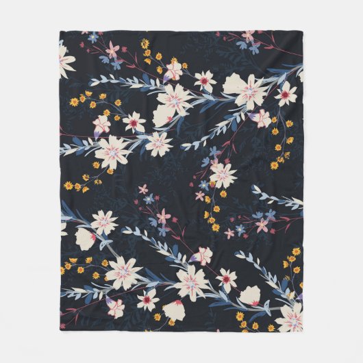 Nachttuin Bloemen Navy Patroon Fleece Deken (Voorkant)
