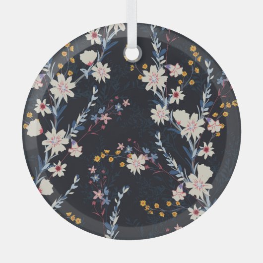 Nachttuin Bloemen Navy Patroon Glas Ornament (Voorkant)