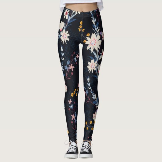 Nachttuin Bloemen Navy Patroon Leggings (Voorkant)