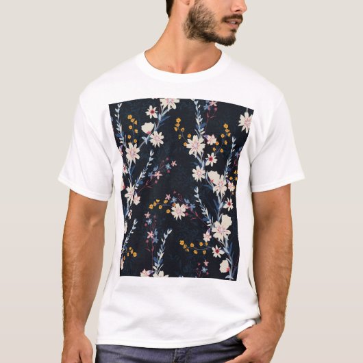 Nachttuin Bloemen Navy Patroon T-shirt (Voorkant)