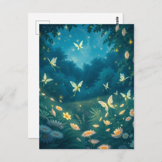 Nachttuin met bloemen en vuurvliegjes briefkaart (Voorkant / Achterkant)