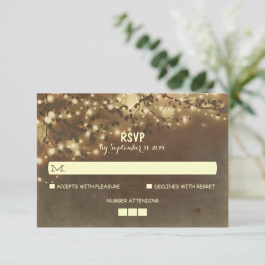 Nachtverlichting Rustieke bruiloft RSVP Kaarten (Staand voorkant)