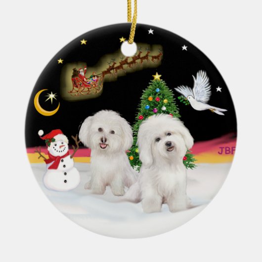 Nachtvlucht - Twee Bichon Frise Keramisch Ornament (Voorkant)