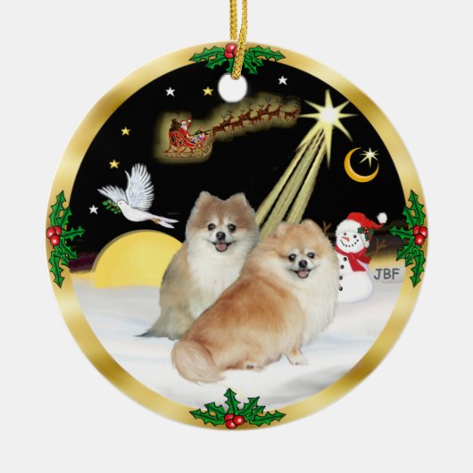 Nachtvlucht - Twee Pomeranians Keramisch Ornament (Voorkant)