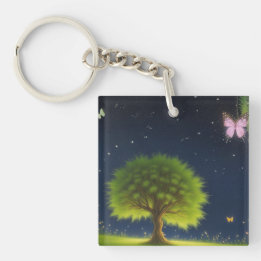 Nachtwilgenboom met vlinders en vuurvliegjes sleutelhanger