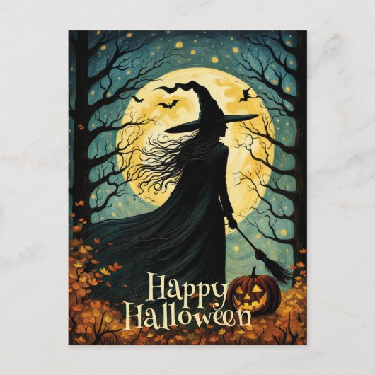 Nachtwoud Halloween Heks Volle Maan Briefkaart (Voorkant)