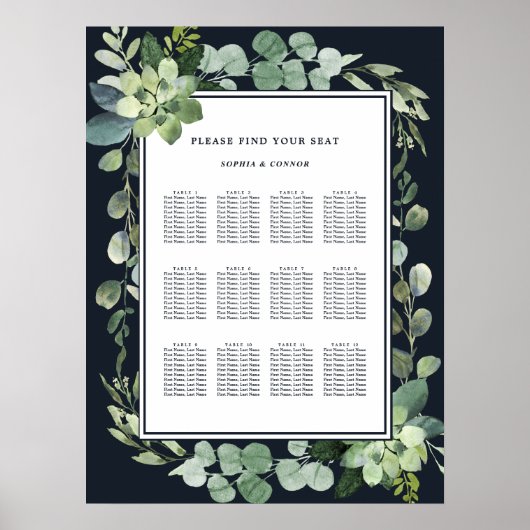 Nachtzee Blue Succulent Wedding Seating Seating Poster (Voorkant)
