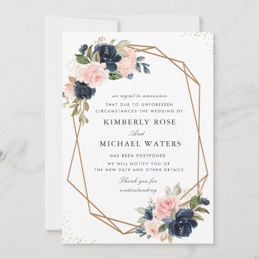 Nachtzeemacht en blush floral bruiloft kaart (Voorkant)