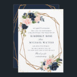 Nachtzeemacht en blush floral bruiloft kaart<br><div class="desc">Een zeemacht en een bloem met bloemen met waterverf. De tekst en de kleuren kunnen worden gepersonaliseerd.</div>