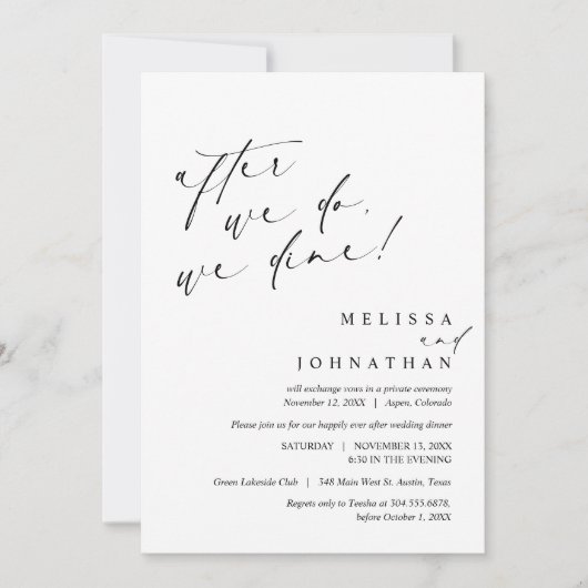 Nadat we doen, dineren we, bruiloft Elopement Dine Kaart (Voorkant)