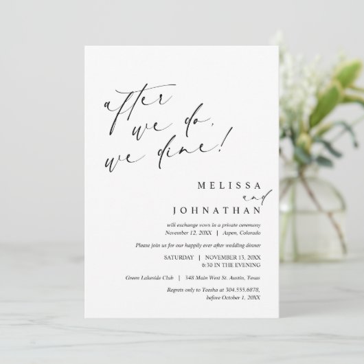 Nadat we doen, dineren we, bruiloft Elopement Dine Kaart (Staand voorkant)