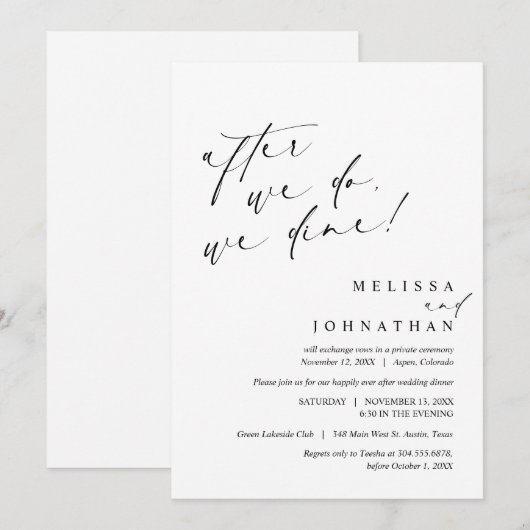 Nadat we doen, dineren we, bruiloft Elopement Dine Kaart (Voorkant / Achterkant)