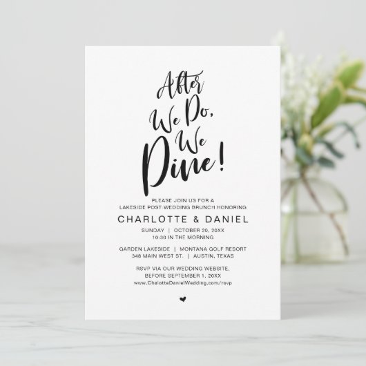 Nadat we doen, dineren we, post bruiloft brunch kaart (Staand voorkant)