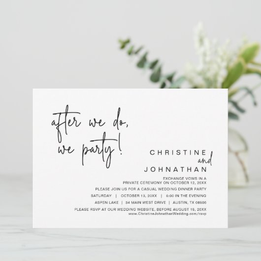 Nadat we doen, feesten we, bruiloft diner, zwart kaart (Staand voorkant)