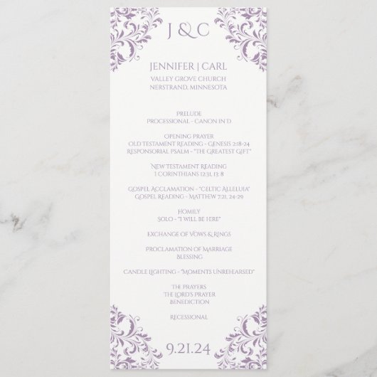 Nadine Wedding Program - Tea length - Lavender Programmakaart (Voorkant)