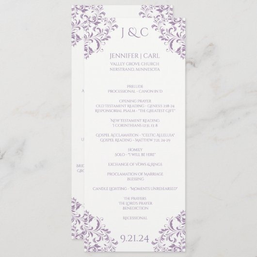 Nadine Wedding Program - Tea length - Lavender Programmakaart (Voorkant / Achterkant)