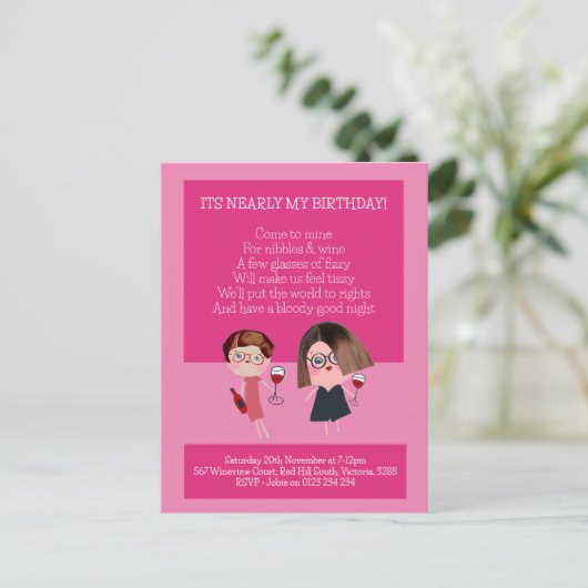 Nagebbels & Wijn Verjaardag Uitnodiging Briefkaart (Staand voorkant)