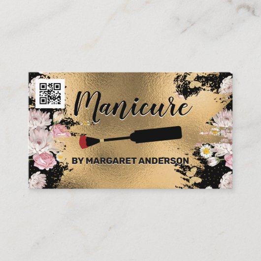 Nagel Lak Kwast | Goud en Bloemen | qr Code Afsprakenkaartje (Voorkant)