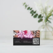 Nagel Roze Neon Typografie Foto Collage QR Code Visitekaartje (Staand voorkant)