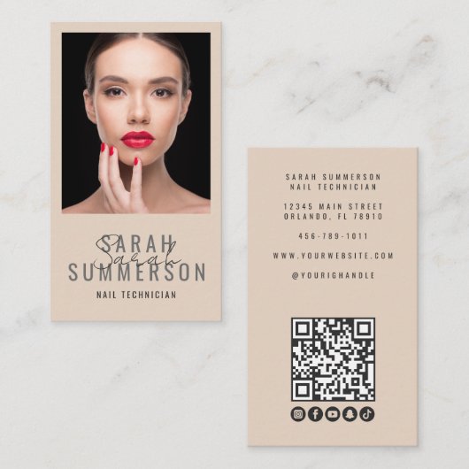 Nagel Salon QR Code Foto Script Beige Visitekaartje (Voorkant / Achterkant)