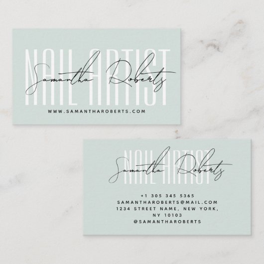 Nagelartiest moderne typografie script blauw visitekaartje (Voorkant / Achterkant)