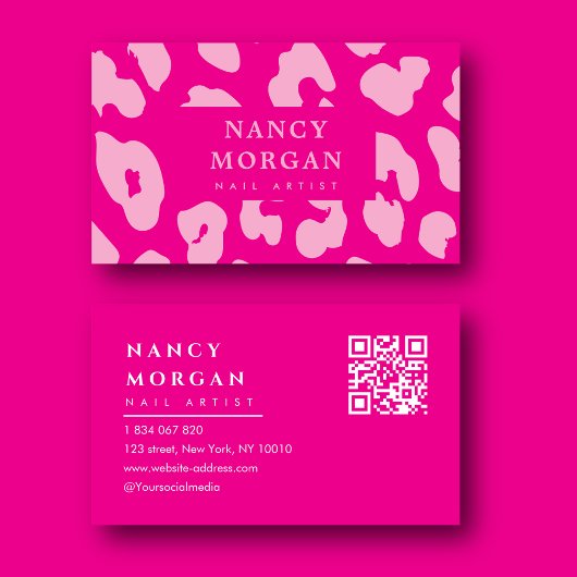 Nagelartiest Rood Roze Luipaardprint Qr Code Visitekaartje