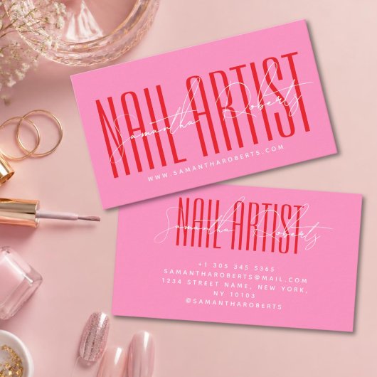 Nagelkunstenaar moderne typografie script roze visitekaartje